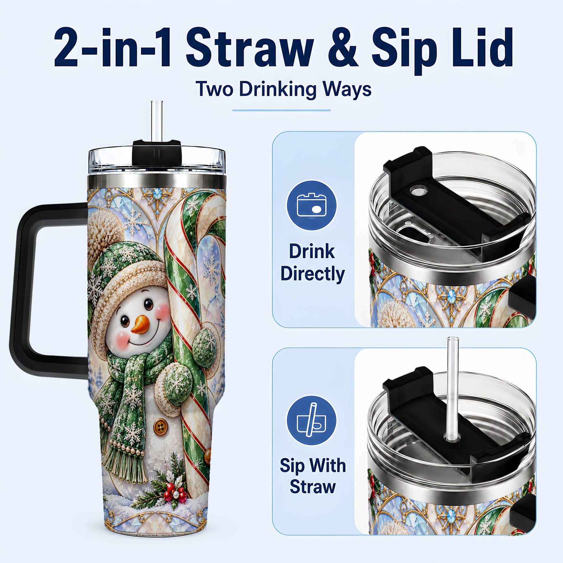 #pl[40oz|Black] Snowman Candy Cane 40oz Tumbler with Handle, Holiday Travel Cup