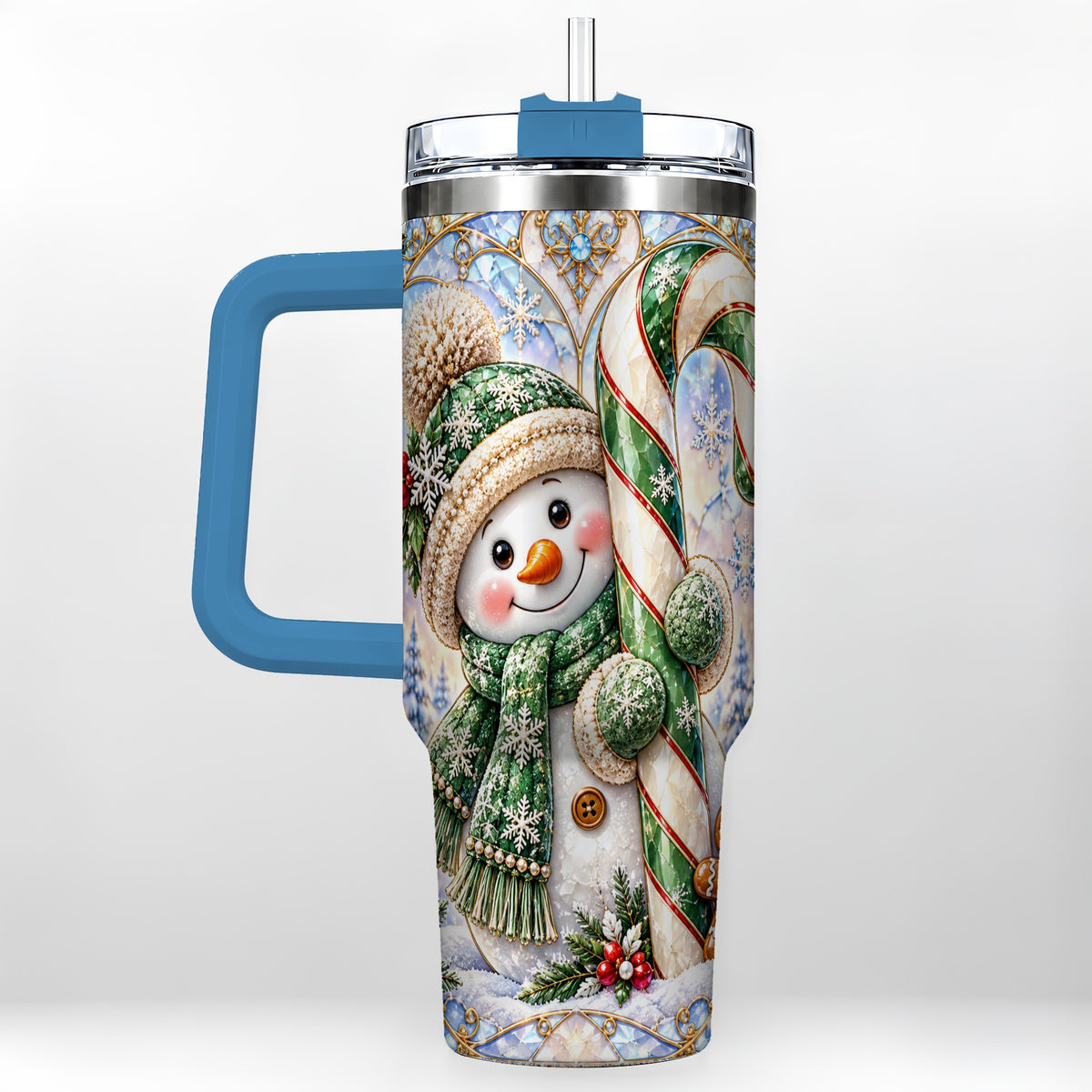 #pl[40oz|Blue] Snowman Candy Cane 40oz Tumbler with Handle, Holiday Travel Cup