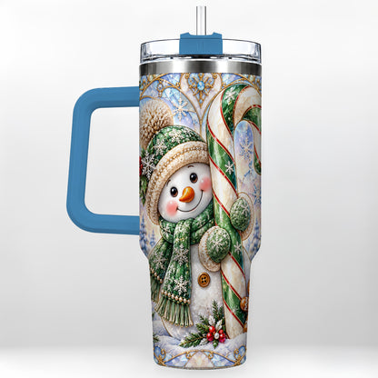 #pl[40oz|Blue] Snowman Candy Cane 40oz Tumbler with Handle, Holiday Travel Cup