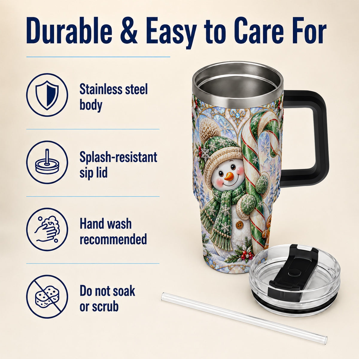 #pl[40oz|Black] Snowman Candy Cane 40oz Tumbler with Handle, Holiday Travel Cup