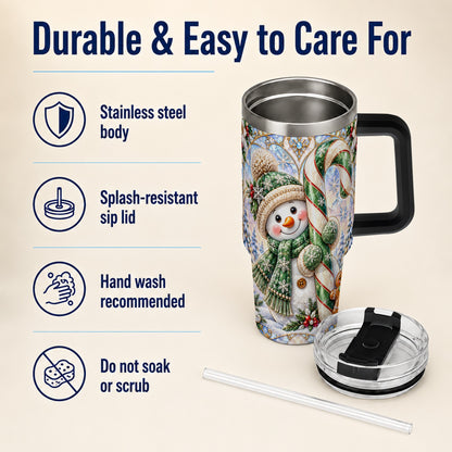#pl[40oz|Black] Snowman Candy Cane 40oz Tumbler with Handle, Holiday Travel Cup