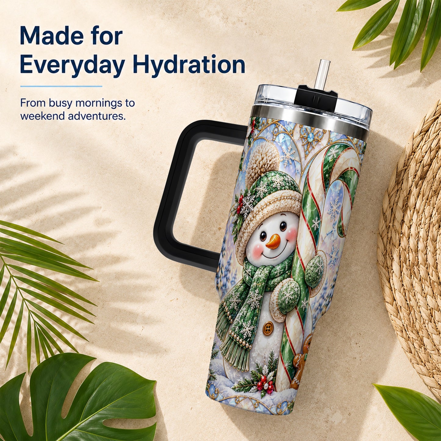 #pl[40oz|Black] Snowman Candy Cane 40oz Tumbler with Handle, Holiday Travel Cup