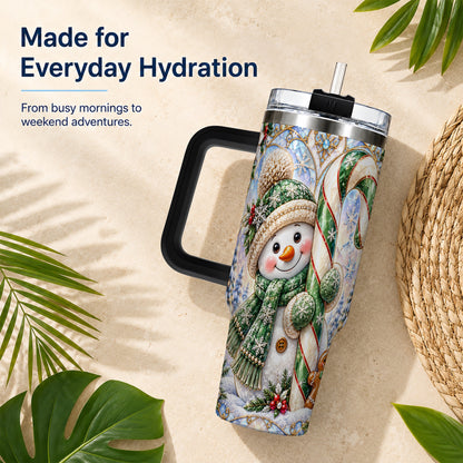 #pl[40oz|Black] Snowman Candy Cane 40oz Tumbler with Handle, Holiday Travel Cup