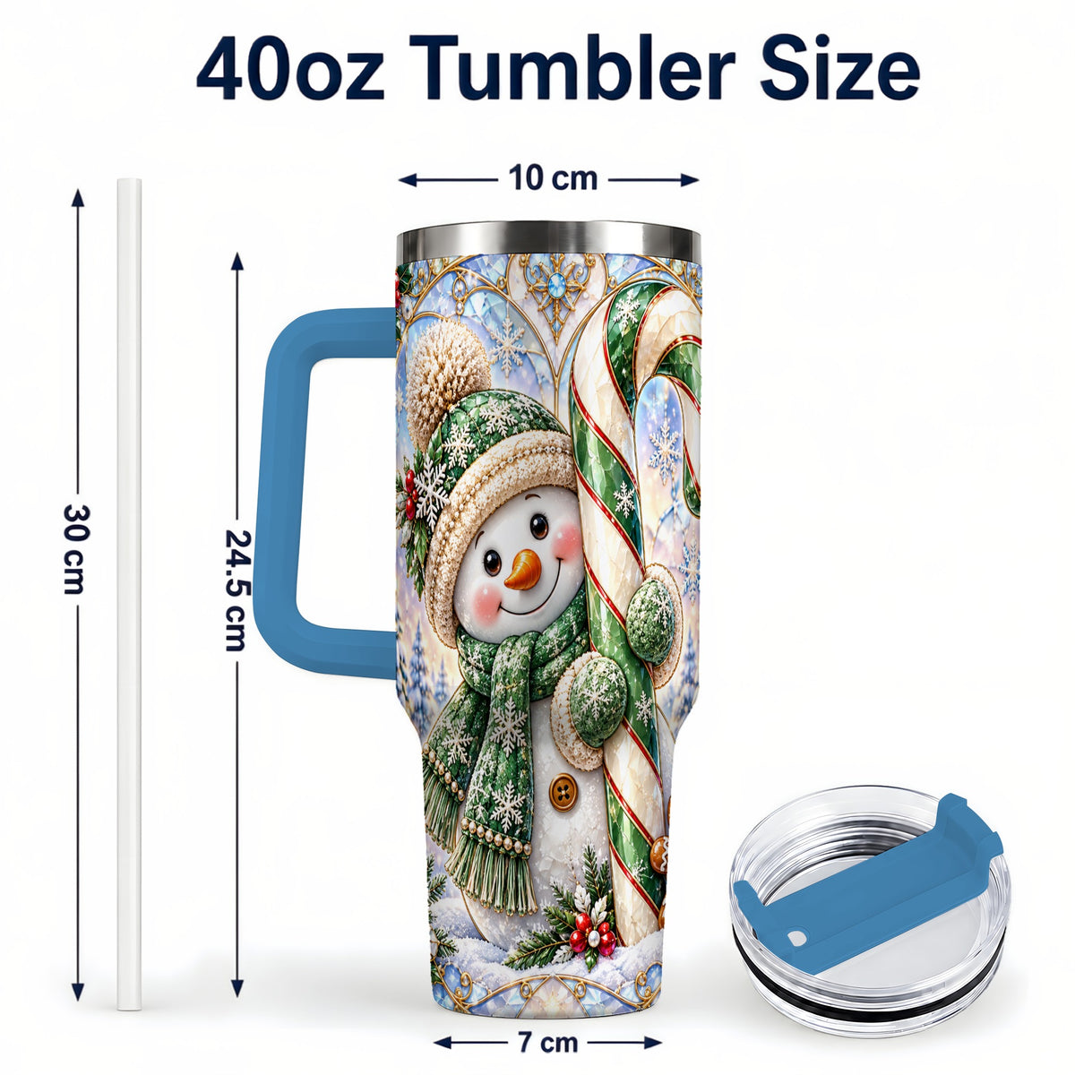 #pl[40oz|Blue] Snowman Candy Cane 40oz Tumbler with Handle, Holiday Travel Cup