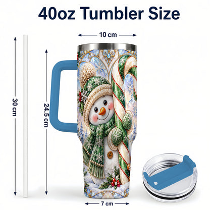 #pl[40oz|Blue] Snowman Candy Cane 40oz Tumbler with Handle, Holiday Travel Cup