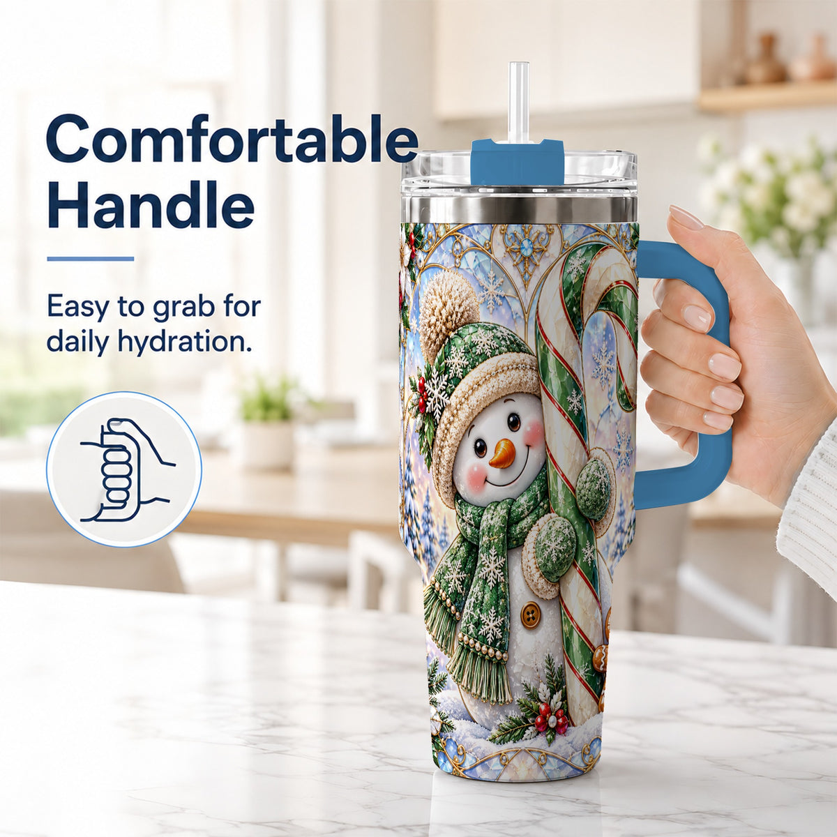 #pl[40oz|Blue] Snowman Candy Cane 40oz Tumbler with Handle, Holiday Travel Cup