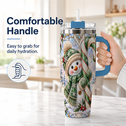 #pl[40oz|Blue] Snowman Candy Cane 40oz Tumbler with Handle, Holiday Travel Cup