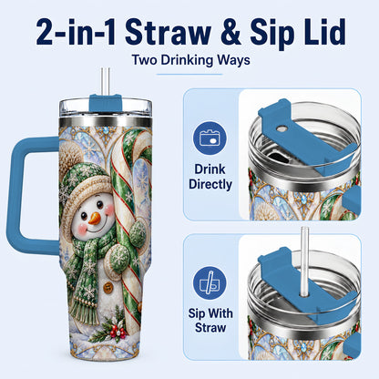 #pl[40oz|Blue] Snowman Candy Cane 40oz Tumbler with Handle, Holiday Travel Cup