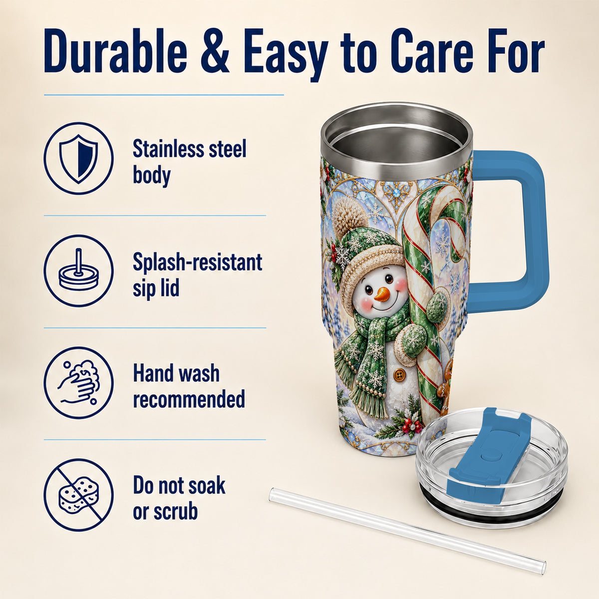 #pl[40oz|Blue] Snowman Candy Cane 40oz Tumbler with Handle, Holiday Travel Cup