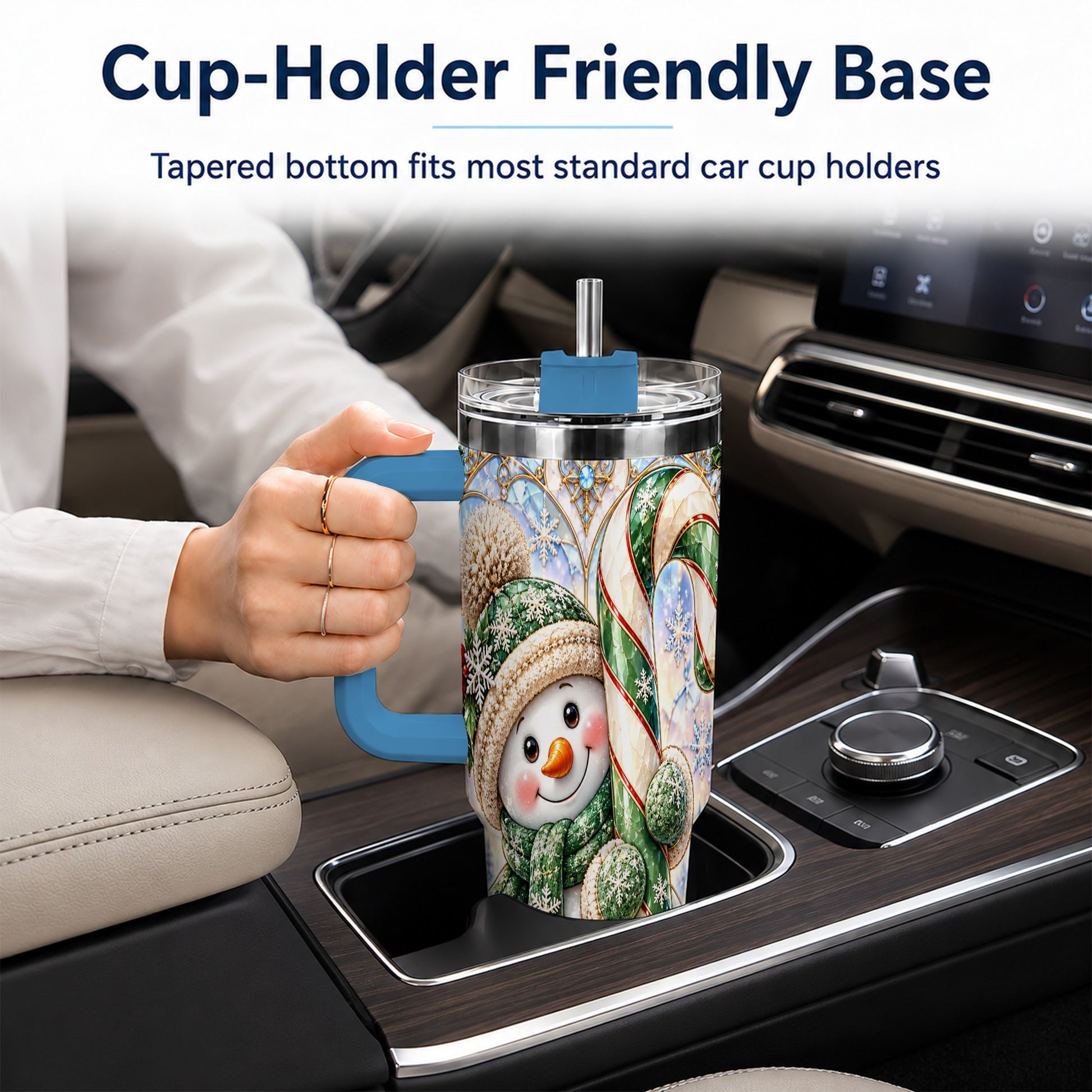 #pl[40oz|Blue] Snowman Candy Cane 40oz Tumbler with Handle, Holiday Travel Cup