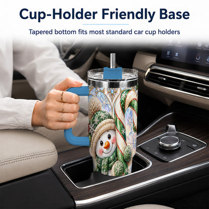 #pl[40oz|Blue] Snowman Candy Cane 40oz Tumbler with Handle, Holiday Travel Cup