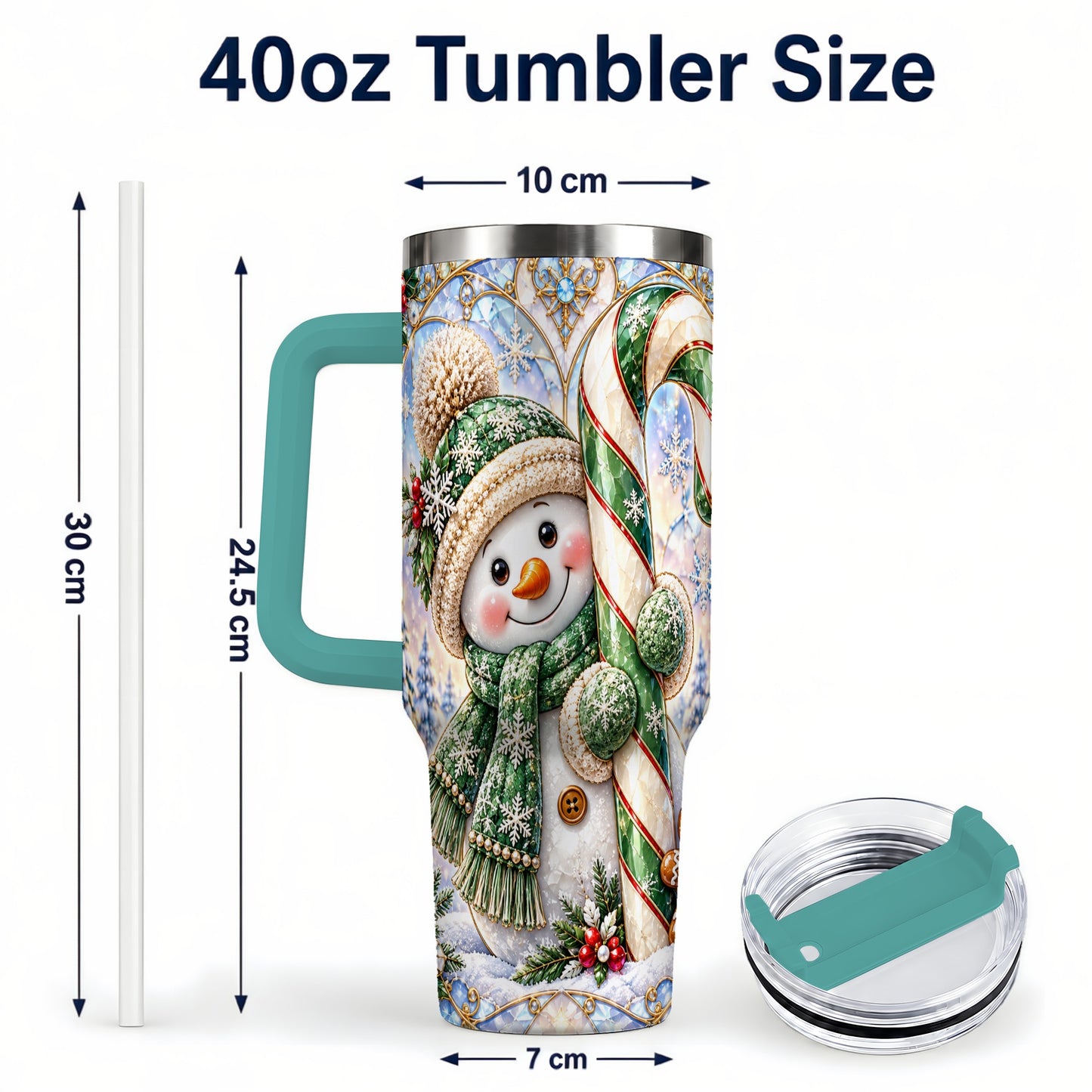 #pl[40oz|Green] Snowman Candy Cane 40oz Tumbler with Handle, Holiday Travel Cup