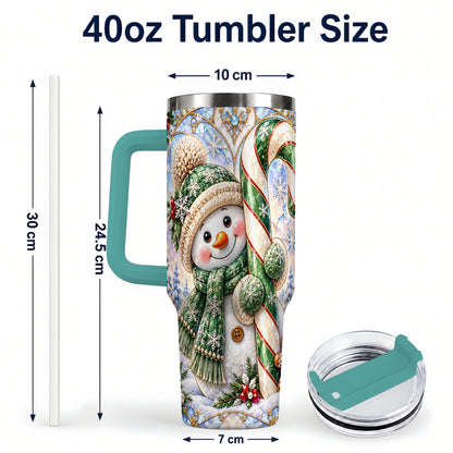 #pl[40oz|Green] Snowman Candy Cane 40oz Tumbler with Handle, Holiday Travel Cup