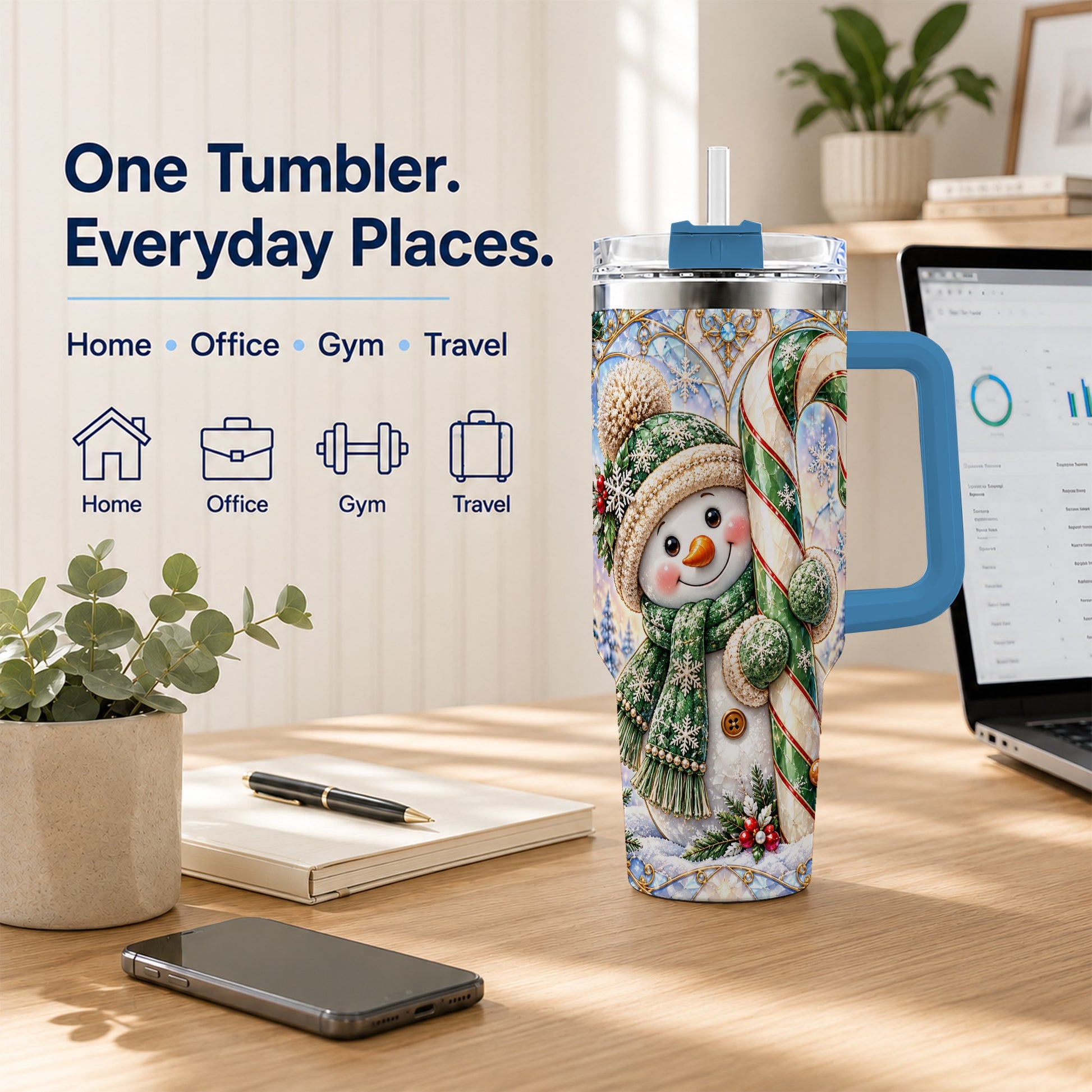 #pl[40oz|Blue] Snowman Candy Cane 40oz Tumbler with Handle, Holiday Travel Cup