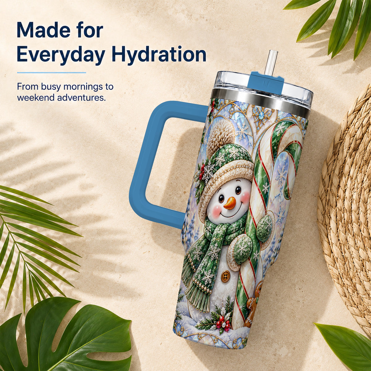 #pl[40oz|Blue] Snowman Candy Cane 40oz Tumbler with Handle, Holiday Travel Cup