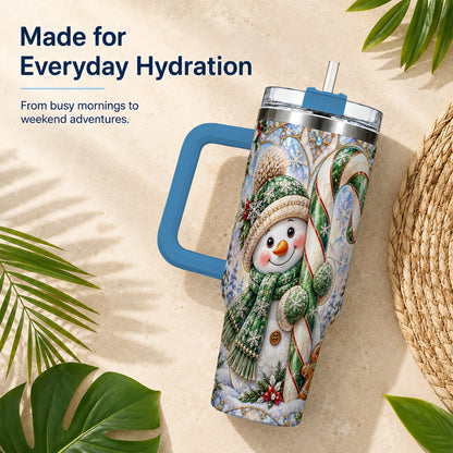 #pl[40oz|Blue] Snowman Candy Cane 40oz Tumbler with Handle, Holiday Travel Cup