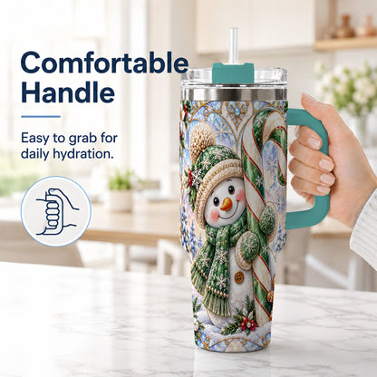 #pl[40oz|Green] Snowman Candy Cane 40oz Tumbler with Handle, Holiday Travel Cup