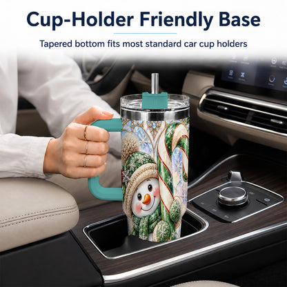 #pl[40oz|Green] Snowman Candy Cane 40oz Tumbler with Handle, Holiday Travel Cup