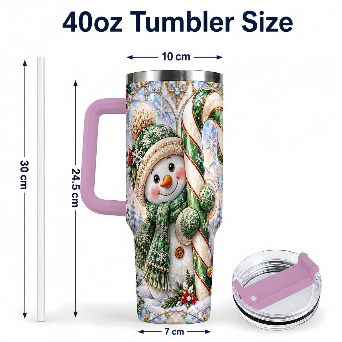 #pl[40oz|Pink] Snowman Candy Cane 40oz Tumbler with Handle, Holiday Travel Cup