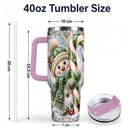 #pl[40oz|Pink] Snowman Candy Cane 40oz Tumbler with Handle, Holiday Travel Cup