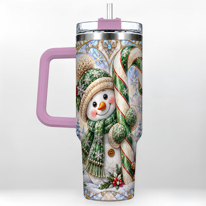 #pl[40oz|Pink] Snowman Candy Cane 40oz Tumbler with Handle, Holiday Travel Cup