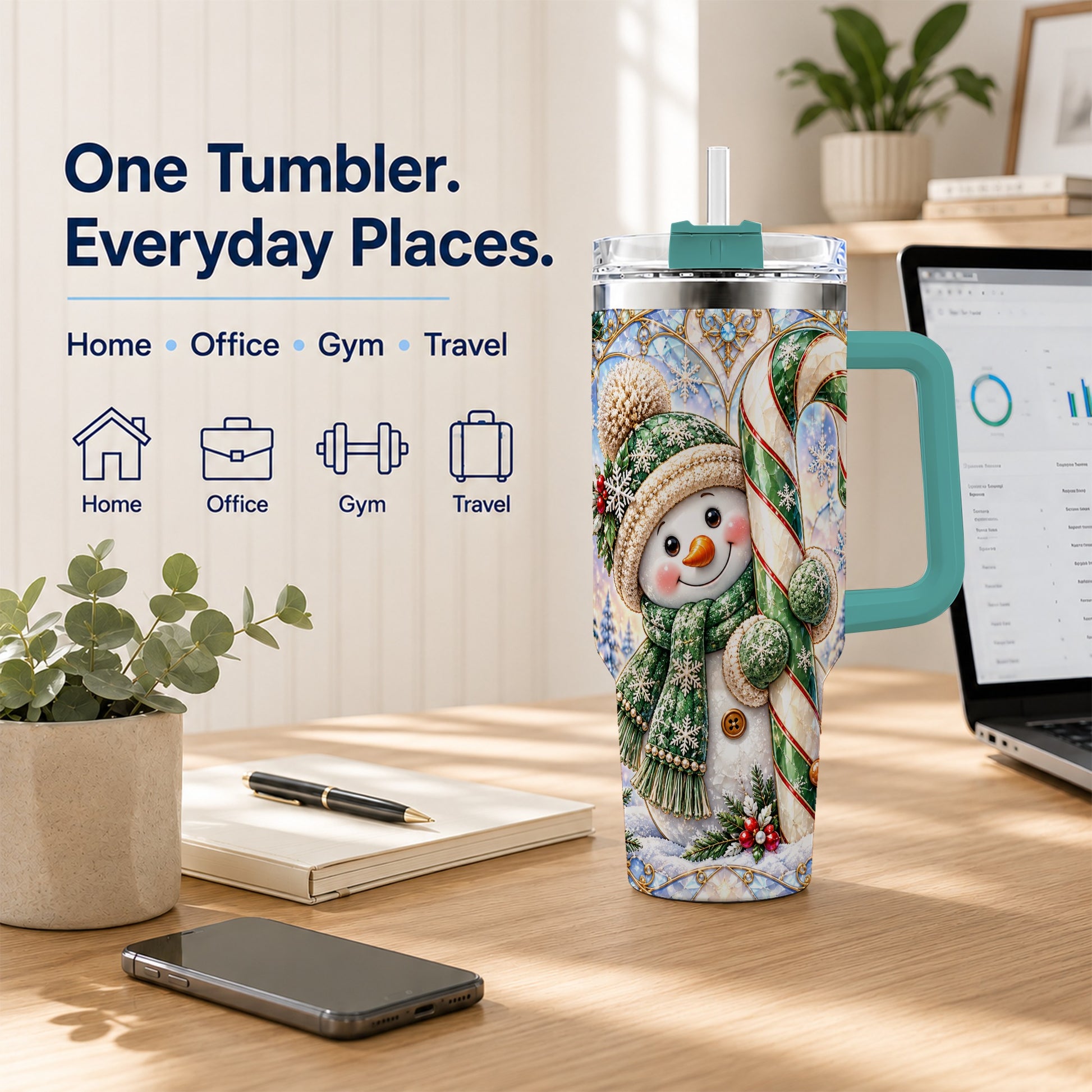 #pl[40oz|Green] Snowman Candy Cane 40oz Tumbler with Handle, Holiday Travel Cup