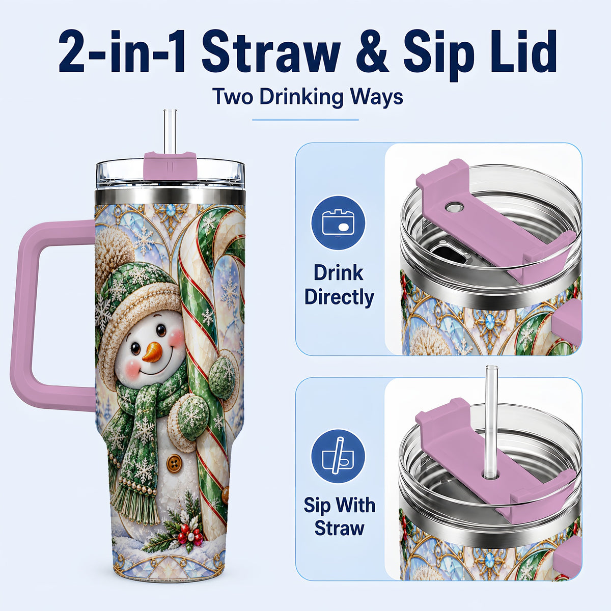 #pl[40oz|Pink] Snowman Candy Cane 40oz Tumbler with Handle, Holiday Travel Cup