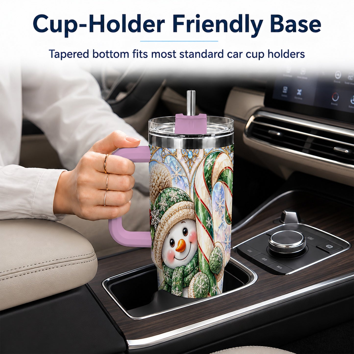 #pl[40oz|Pink] Snowman Candy Cane 40oz Tumbler with Handle, Holiday Travel Cup