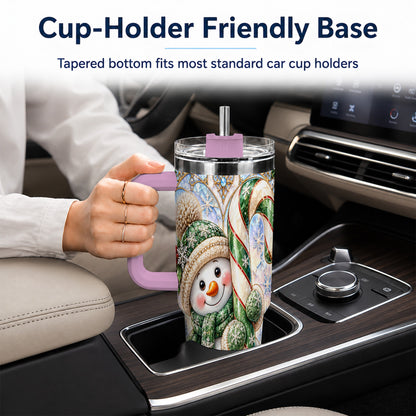 #pl[40oz|Pink] Snowman Candy Cane 40oz Tumbler with Handle, Holiday Travel Cup