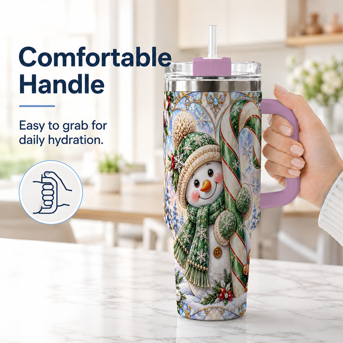 #pl[40oz|Pink] Snowman Candy Cane 40oz Tumbler with Handle, Holiday Travel Cup