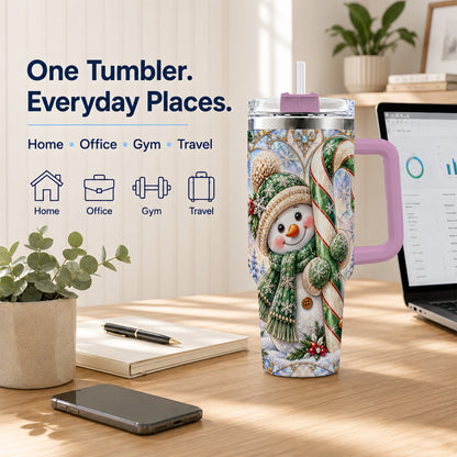 #pl[40oz|Pink] Snowman Candy Cane 40oz Tumbler with Handle, Holiday Travel Cup