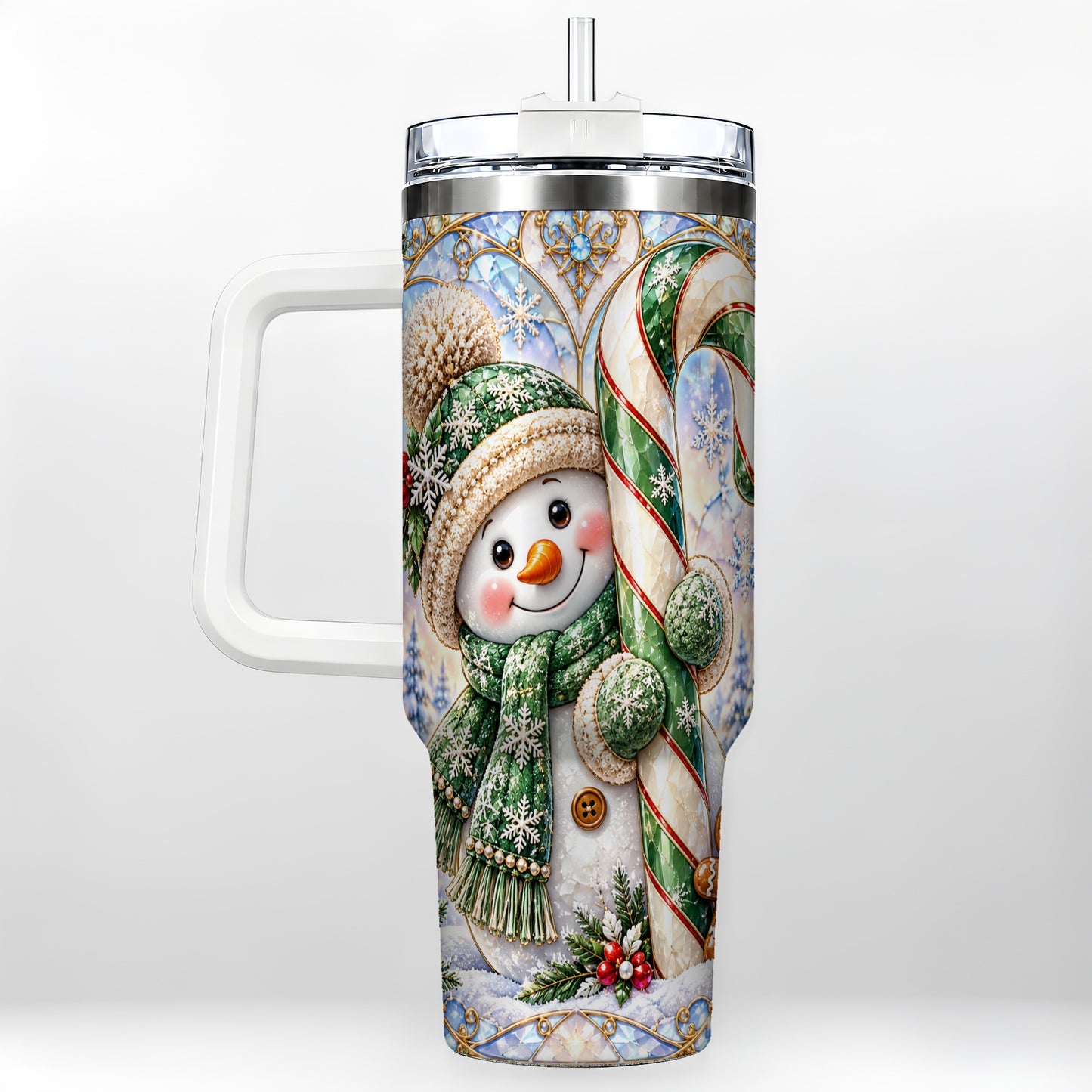 Snowman Candy Cane 40oz Tumbler with Handle, Holiday Travel Cup