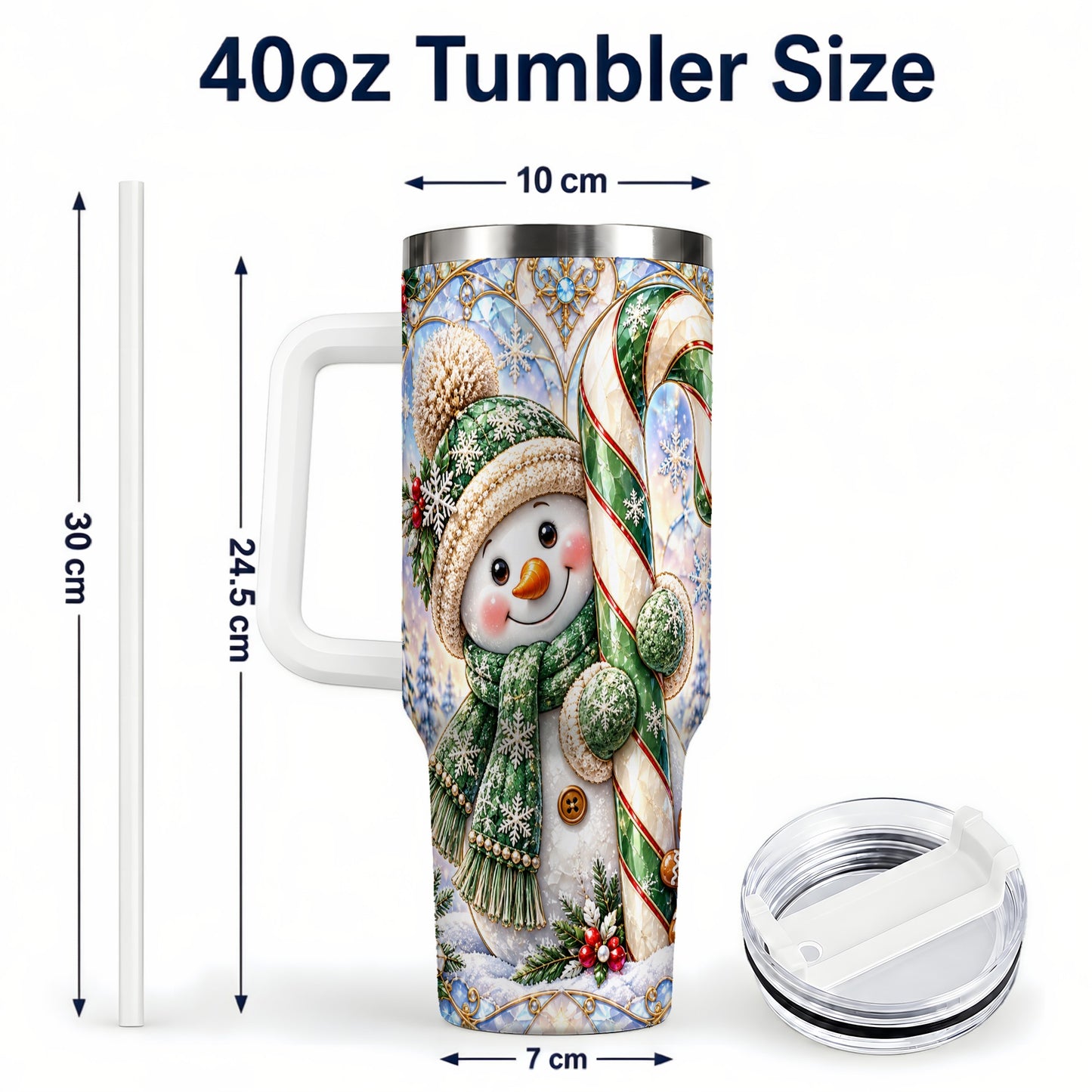 #pl[40oz|White] Snowman Candy Cane 40oz Tumbler with Handle, Holiday Travel Cup