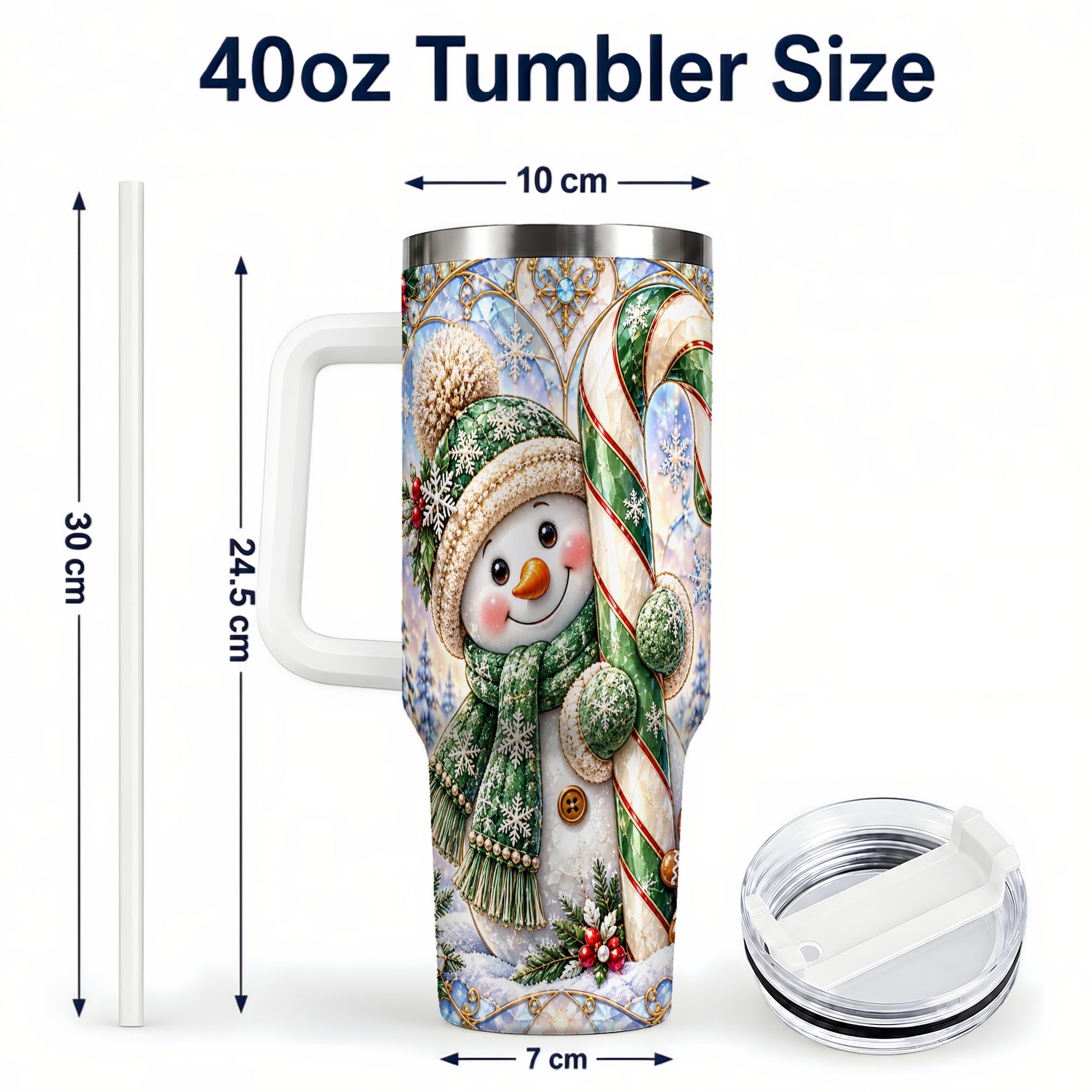 #pl[40oz|White] Snowman Candy Cane 40oz Tumbler with Handle, Holiday Travel Cup