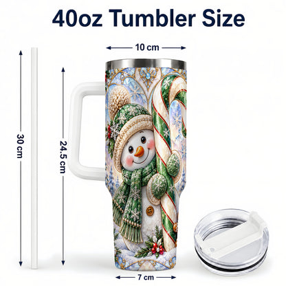 #pl[40oz|White] Snowman Candy Cane 40oz Tumbler with Handle, Holiday Travel Cup
