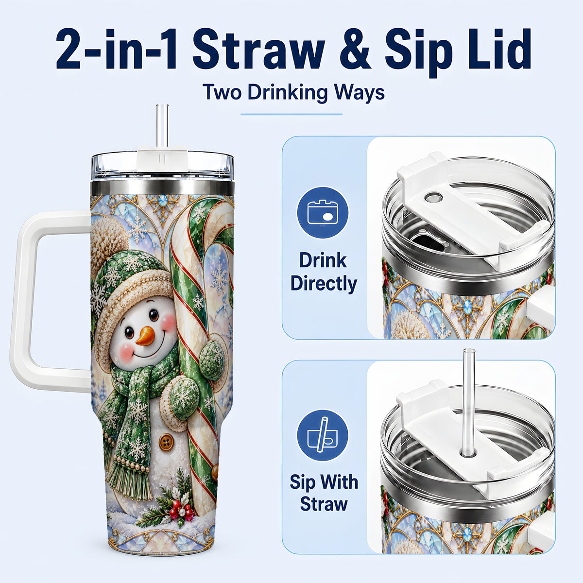 #pl[40oz|White] Snowman Candy Cane 40oz Tumbler with Handle, Holiday Travel Cup