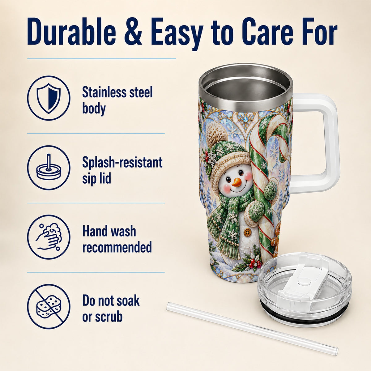 #pl[40oz|White] Snowman Candy Cane 40oz Tumbler with Handle, Holiday Travel Cup