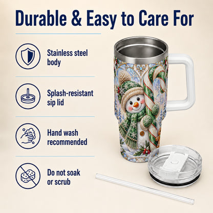 #pl[40oz|White] Snowman Candy Cane 40oz Tumbler with Handle, Holiday Travel Cup