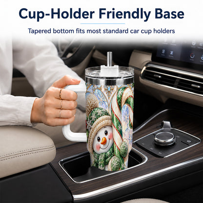 #pl[40oz|White] Snowman Candy Cane 40oz Tumbler with Handle, Holiday Travel Cup