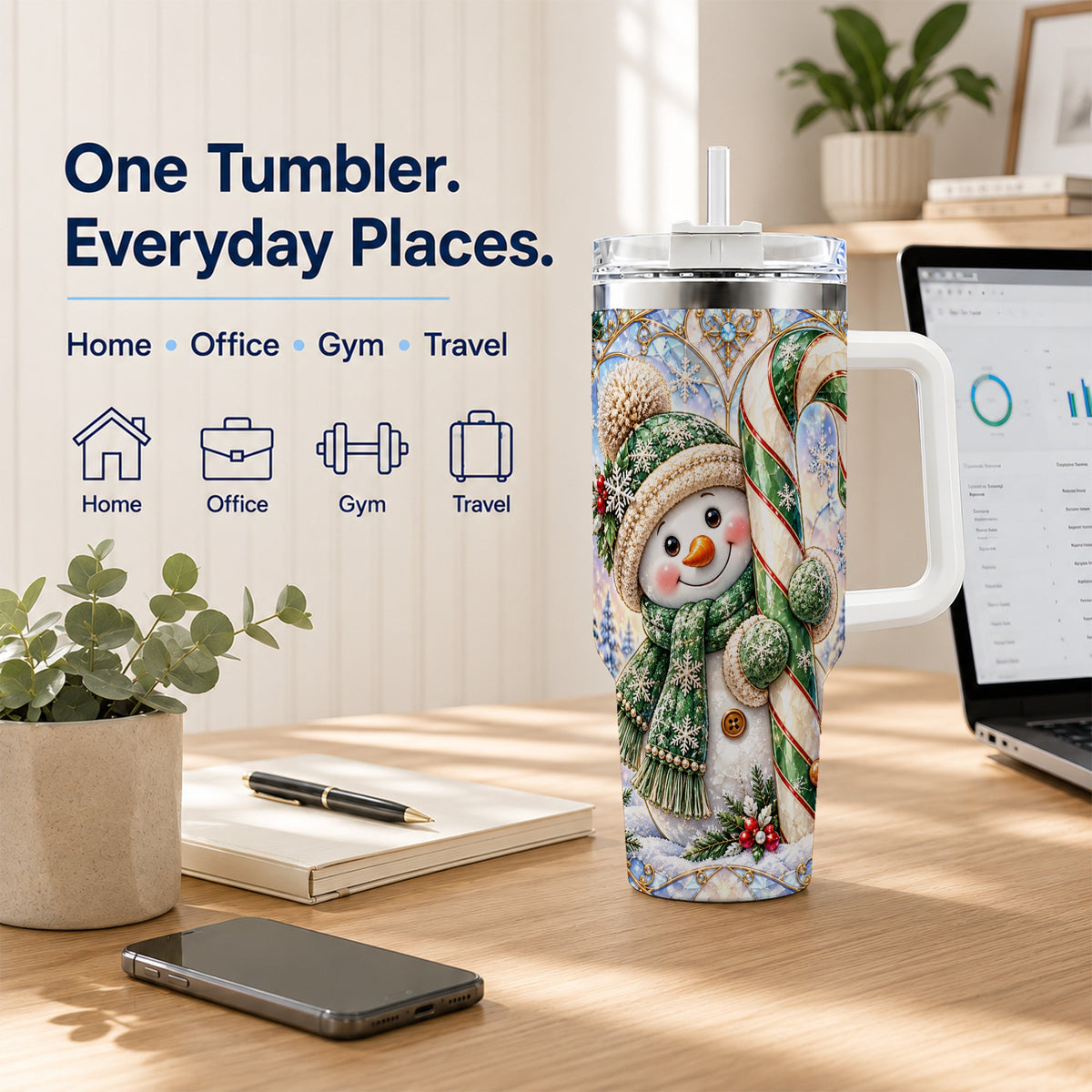 #pl[40oz|White] Snowman Candy Cane 40oz Tumbler with Handle, Holiday Travel Cup
