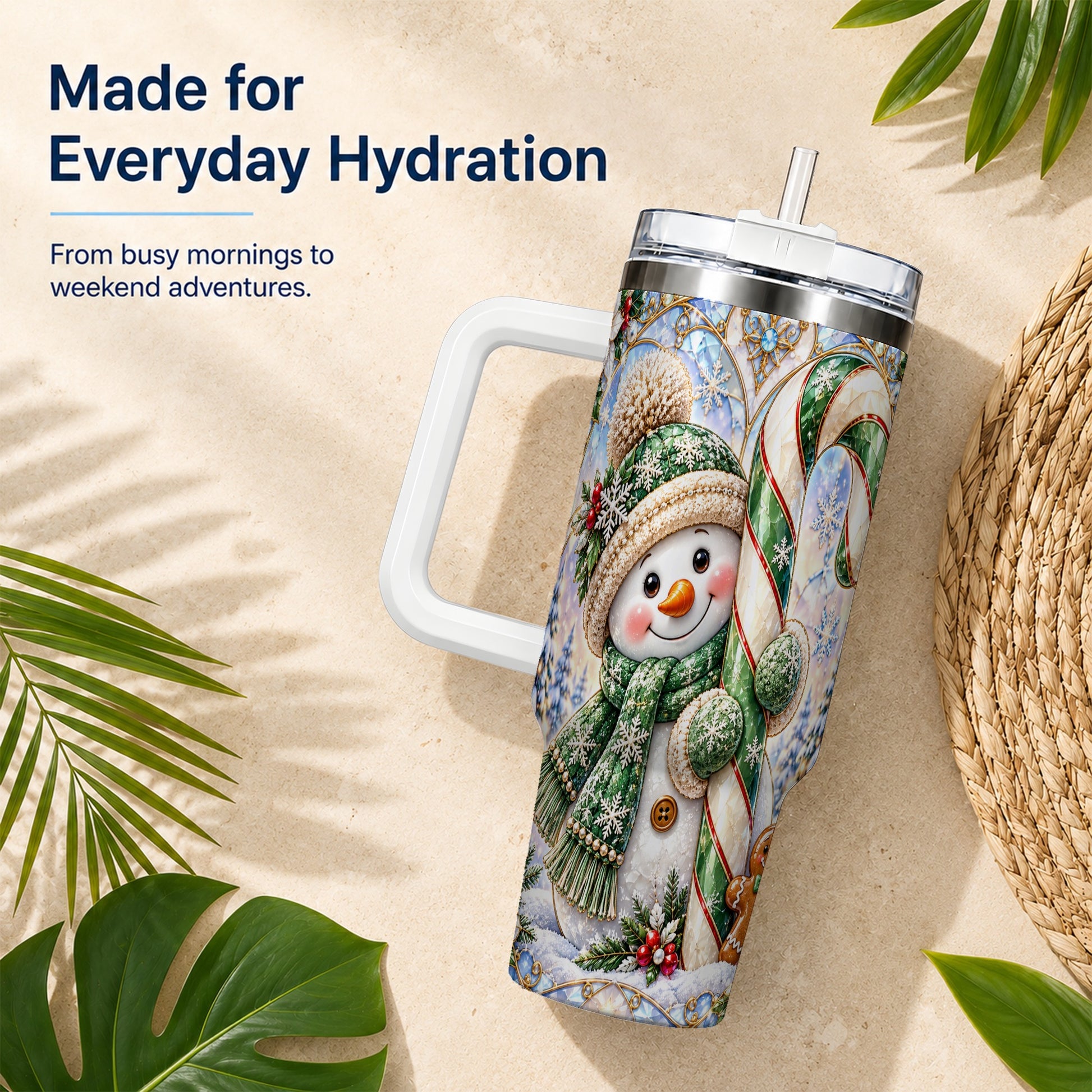 #pl[40oz|White] Snowman Candy Cane 40oz Tumbler with Handle, Holiday Travel Cup