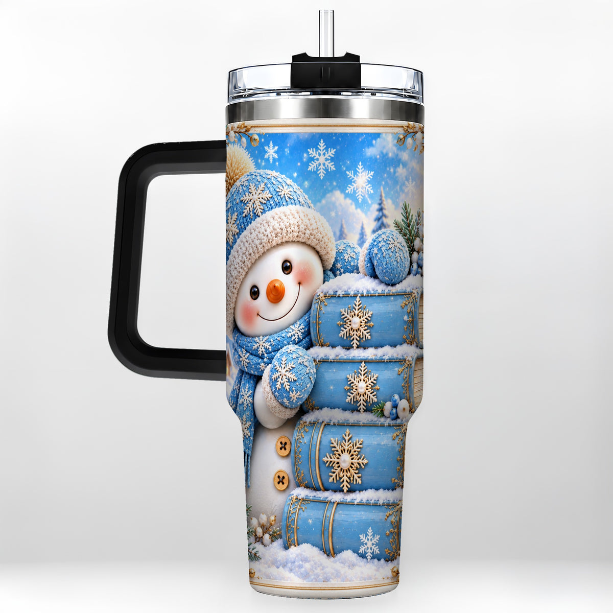 #pl[40oz|Black] Snowman Books 40oz Tumbler with Handle, Winter Reading Travel Cup