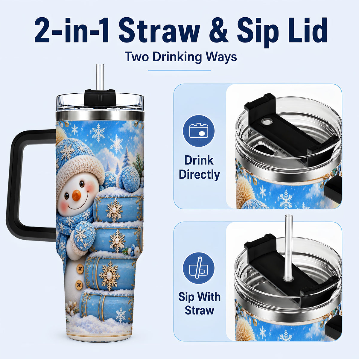 #pl[40oz|Black] Snowman Books 40oz Tumbler with Handle, Winter Reading Travel Cup