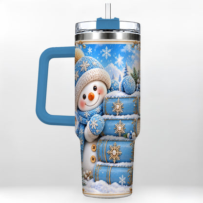 #pl[40oz|Blue] Snowman Books 40oz Tumbler with Handle, Winter Reading Travel Cup