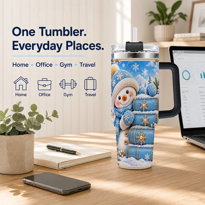 #pl[40oz|Black] Snowman Books 40oz Tumbler with Handle, Winter Reading Travel Cup