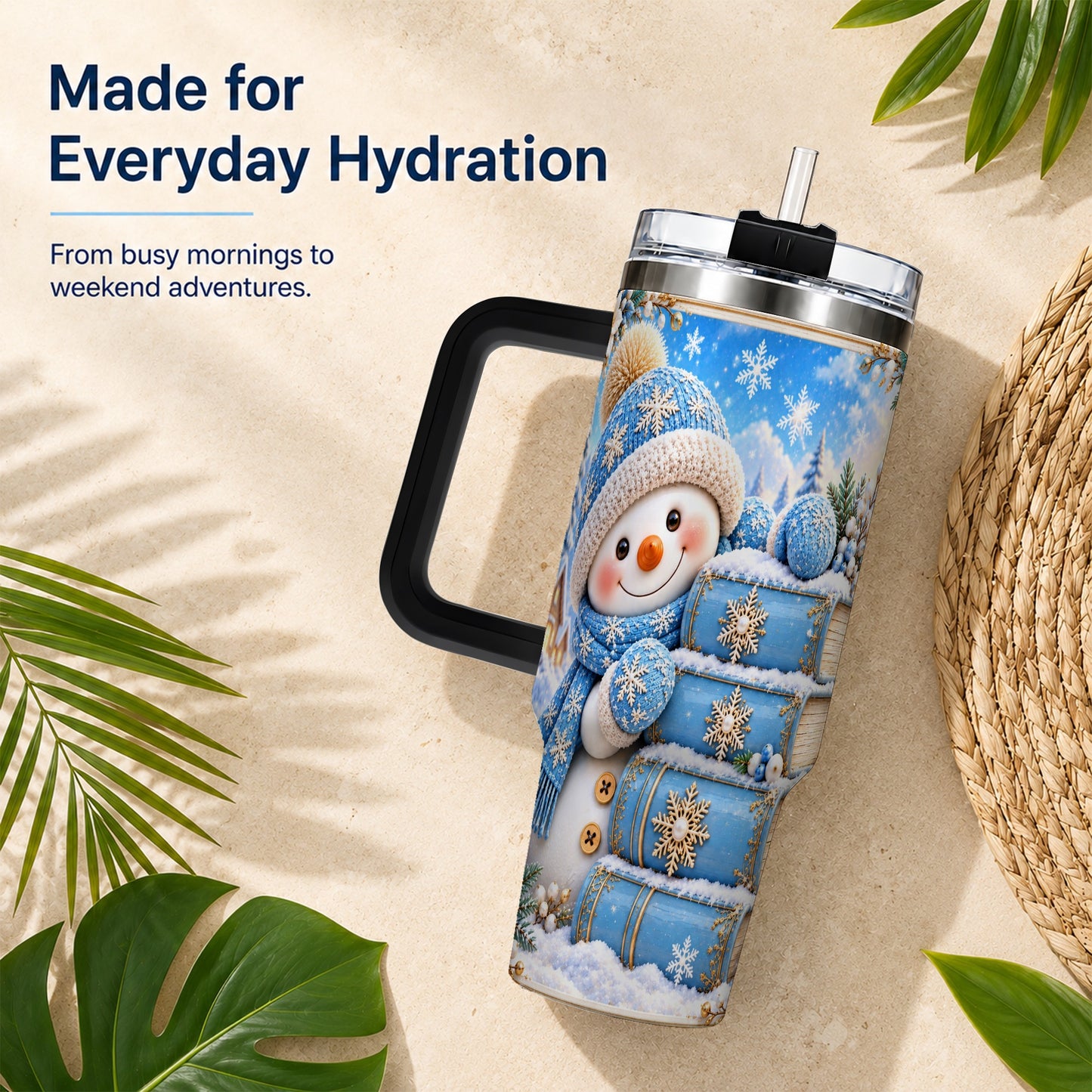 #pl[40oz|Black] Snowman Books 40oz Tumbler with Handle, Winter Reading Travel Cup