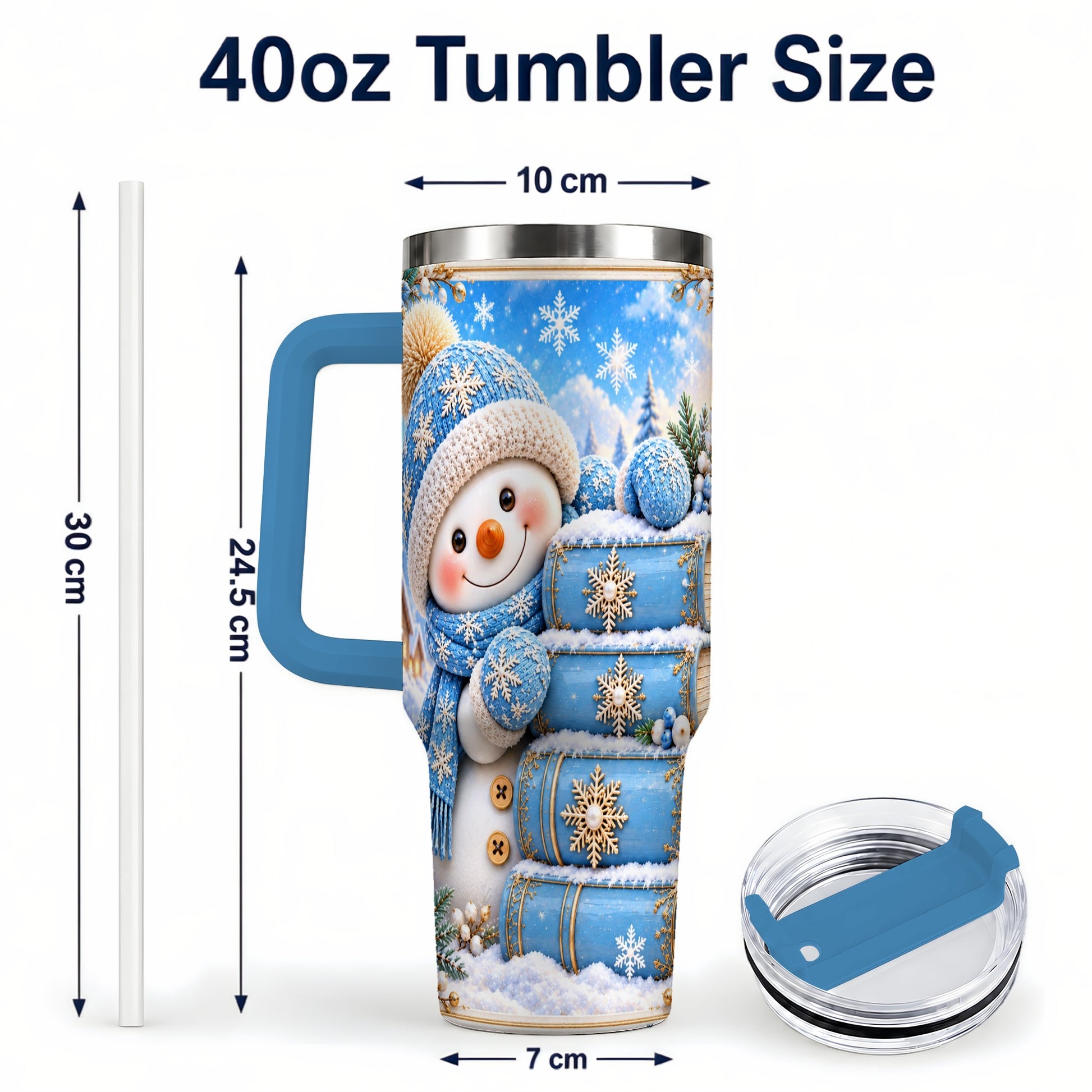 #pl[40oz|Blue] Snowman Books 40oz Tumbler with Handle, Winter Reading Travel Cup