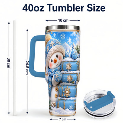 #pl[40oz|Blue] Snowman Books 40oz Tumbler with Handle, Winter Reading Travel Cup