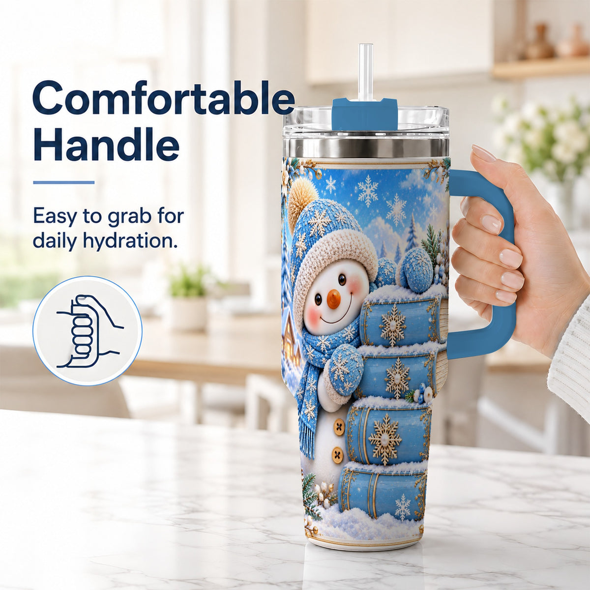 #pl[40oz|Blue] Snowman Books 40oz Tumbler with Handle, Winter Reading Travel Cup