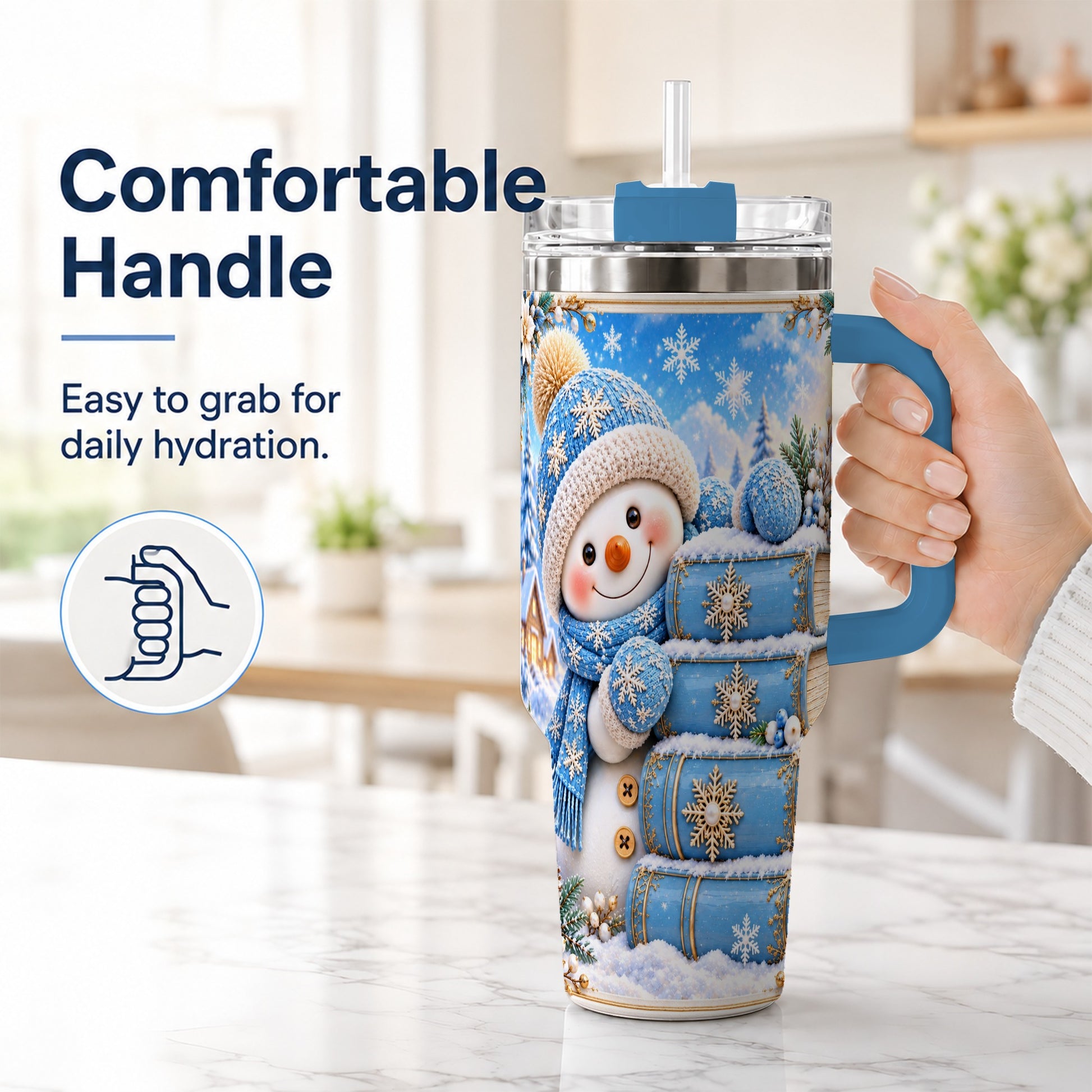 #pl[40oz|Blue] Snowman Books 40oz Tumbler with Handle, Winter Reading Travel Cup